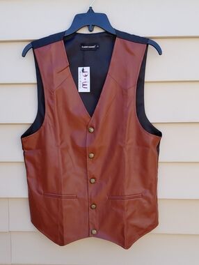 BARRY WANG Men's Brown  Leather Western Cowboy Vest Size Small